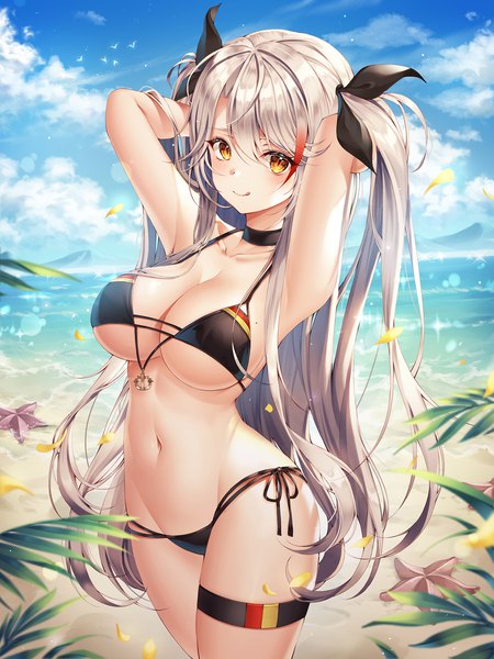 Anime picture 1500x2000 with azur lane prinz eugen (azur lane) prinz eugen (unfading smile) (azur lane) mellozzo single long hair tall image looking at viewer blush fringe breasts light erotic smile hair between eyes large breasts standing yellow eyes payot sky silver hair