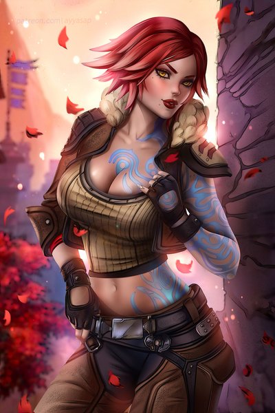 Anime picture 1280x1920 with borderlands lilith (borderlands) ayyasap single tall image looking at viewer blush fringe short hair breasts light erotic large breasts standing yellow eyes cleavage outdoors red hair parted lips fingernails realistic