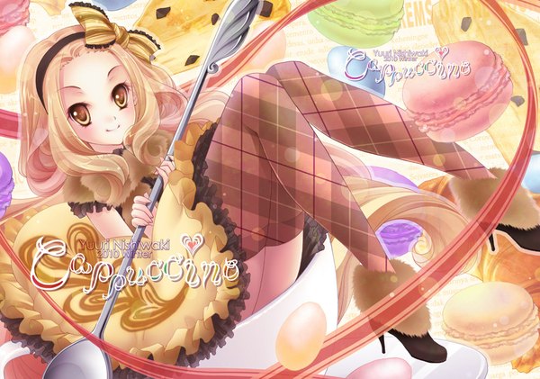 Anime picture 1000x703 with original nishiwaki yuuri single looking at viewer short hair blonde hair smile yellow eyes full body high heels rhombus girl thighhighs dress bow food shoes hairband sweets spoon
