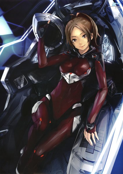 Anime picture 6065x8610 with guilty crown production i.g shinomiya ayase redjuice single long hair tall image highres smile brown hair brown eyes absurdres girl bodysuit pilot suit mecha