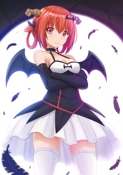 Anime picture 1200x1697 with gabriel dropout doga kobo satanichia kurumizawa mcdowell kazenokaze single tall image looking at viewer fringe short hair smile hair between eyes red eyes twintails red hair horn (horns) crossed arms demon girl bat wings hair rings girl