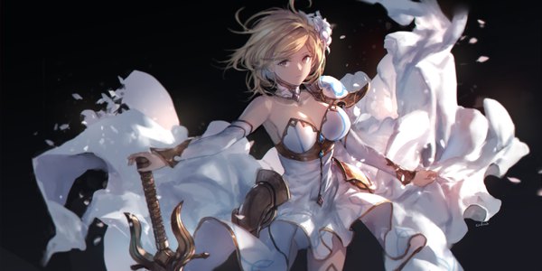 Anime picture 2976x1488 with granblue fantasy knights of glory gita (granblue fantasy) the glory swd3e2 single looking at viewer highres short hair breasts light erotic simple background blonde hair wide image large breasts standing bare shoulders holding brown eyes signed