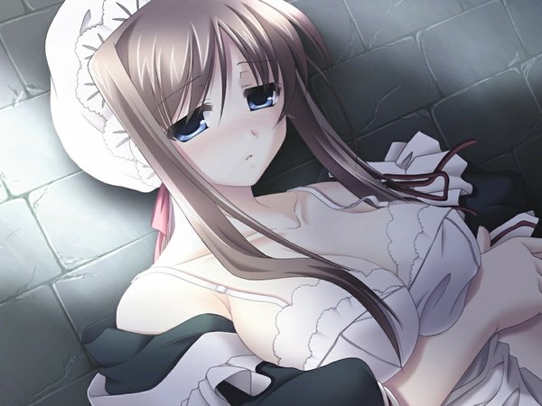 Anime picture 1024x768 with mahou hitotsu kudasaina (game) blush blue eyes light erotic brown hair game cg maid girl