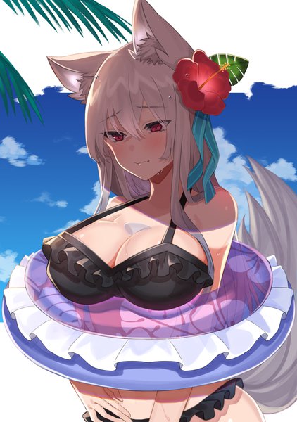 Anime picture 1764x2508 with original amahara subaru single long hair tall image blush highres breasts light erotic red eyes large breasts animal ears looking away sky cloud (clouds) outdoors tail animal tail hair flower grey hair