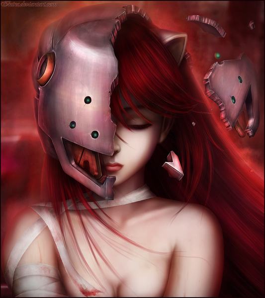 Anime picture 1600x1800 with elfen lied arms corporation lucy inira single long hair tall image light erotic bare shoulders animal ears red hair eyes closed lips realistic portrait red background girl blood bandage (bandages) helmet