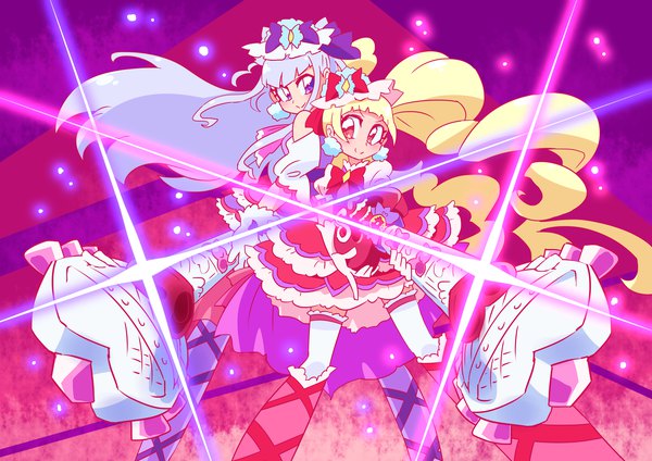 Anime picture 4093x2894 with precure hugtto! precure toei animation ruru amour aisaki emiru cure amour cure macherie otokam1117 long hair blush fringe highres blonde hair smile red eyes standing purple eyes twintails multiple girls holding