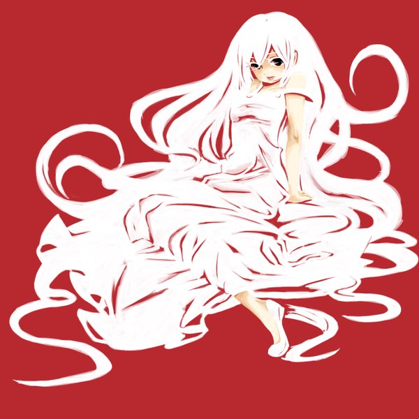 Anime picture 2800x2800 with original kaprice single highres simple background white hair very long hair black eyes red background girl dress white dress
