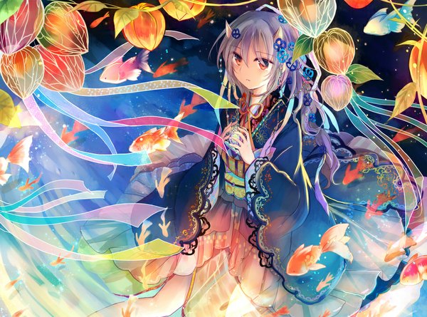 Anime picture 969x720 with original kazu (muchuukai) single long hair red eyes looking away silver hair traditional clothes horn (horns) wide sleeves demon girl oni horns girl hair ornament ribbon (ribbons) animal choker fish (fishes) physalis