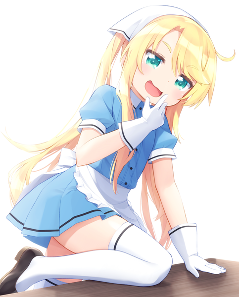 Anime picture 725x900 with blend s watashi ni tenshi ga maiorita! a-1 pictures himesaka noa haribote (tarao) single long hair tall image looking at viewer blush fringe open mouth blonde hair simple background smile white background twintails full body bent knee (knees) head tilt