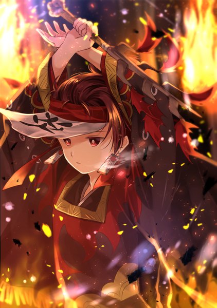 Anime picture 1055x1500 with kimetsu no yaiba ufotable kamado tanjirou iroha (shiki) single tall image short hair red eyes brown hair looking away upper body traditional clothes japanese clothes arms up expressionless boy earrings flame sparks
