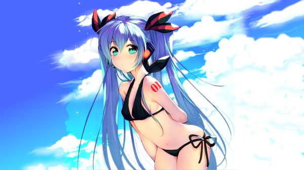 Anime picture 2133x1200 with vocaloid hatsune miku single long hair looking at viewer blush highres wide image green eyes cloud (clouds) aqua hair girl navel swimsuit bikini headphones black bikini