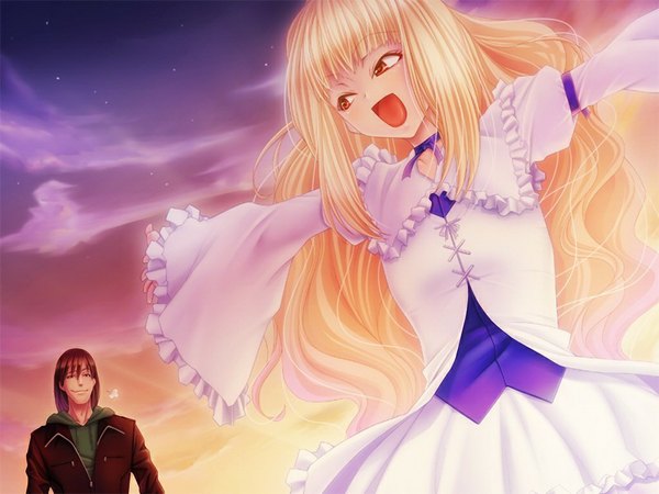 Anime picture 1024x768 with before dawn daybreak leonora (before dawn daybreak) long hair open mouth blonde hair red eyes loli evening sunset girl dress boy