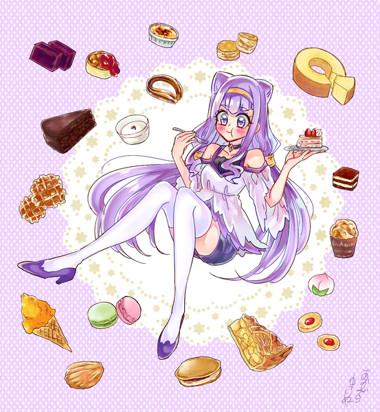 Anime picture 1200x1300 with precure hugtto! precure toei animation ruru amour yuki inu single long hair tall image blush fringe simple background purple eyes bare shoulders holding looking away purple hair full body high heels eating polka dot