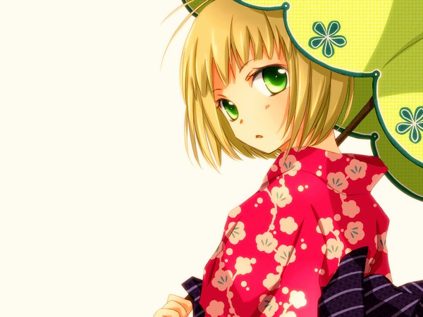 Anime picture 1024x768 with ao no exorcist a-1 pictures moriyama shiemi single short hair open mouth blonde hair white background green eyes japanese clothes girl kimono umbrella