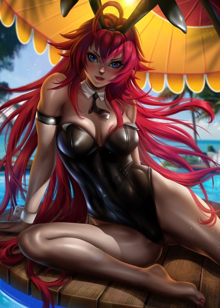 Anime picture 3333x4666 with highschool dxd rias gremory ayyasap single tall image looking at viewer blush fringe highres breasts blue eyes light erotic hair between eyes large breasts sitting signed animal ears absurdres sky ahoge