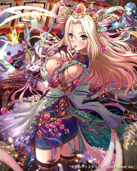 Anime picture 800x1000 with tenkuu no crystalia sakiyamama long hair tall image looking at viewer blush fringe breasts blue eyes light erotic blonde hair hair between eyes large breasts standing bare shoulders multiple girls holding blue hair cleavage indoors
