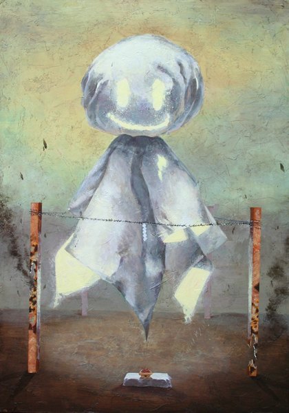 Аниме картинка 1336x1909 с оригинальное изображение kudan (pixiv) высокое изображение улыбка без людей призрак еда теру-теру-бозу колючая проволока