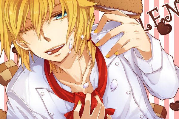 Anime picture 1200x800 with vocaloid kagamine len mukkun blonde hair nail polish one eye closed wink eating yellow nail polish chef boy uniform sweets cake