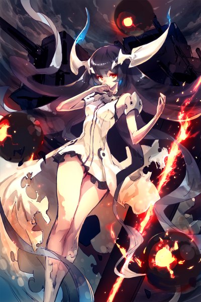Anime picture 800x1200 with kantai collection anchorage water oni dakuro single tall image looking at viewer fringe black hair red eyes sky cloud (clouds) very long hair horn (horns) from below legs glowing hand on face shinkaisei-kan girl dress