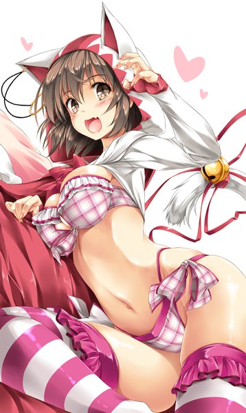 Anime picture 957x1600 with final fantasy iii kamiya tomoe single tall image looking at viewer blush fringe short hair breasts open mouth light erotic brown hair large breasts brown eyes bent knee (knees) lying :d fingernails fang (fangs) dutch angle