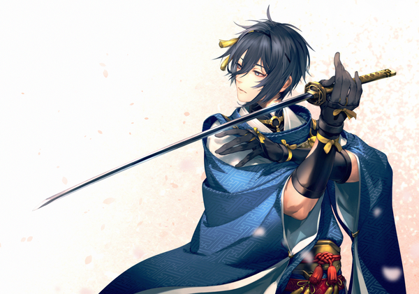 Anime picture 1200x843 with touken ranbu nitroplus mikazuki munechika kodama (wa-ka-me) single fringe short hair purple eyes holding blue hair looking away traditional clothes japanese clothes lips wide sleeves sayagata boy gloves weapon petals