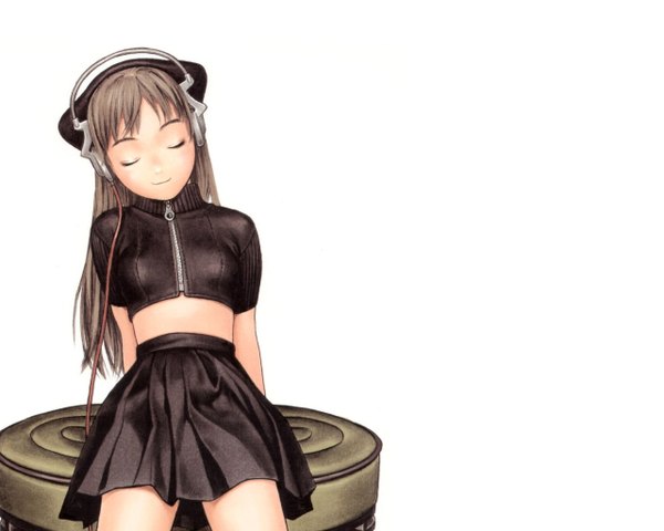 Anime picture 1280x1024 with range murata single long hair simple background smile white background eyes closed pleated skirt grey hair short sleeves reclining third-party edit cropped extended girl skirt headphones black skirt crop top zipper