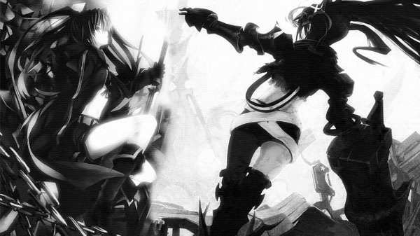 Anime picture 1280x720 with black rock shooter black rock shooter (character) insane black rock shooter long hair black hair wide image twintails multiple girls from behind midriff monochrome scar girl gloves weapon 2 girls sword jacket shorts boots