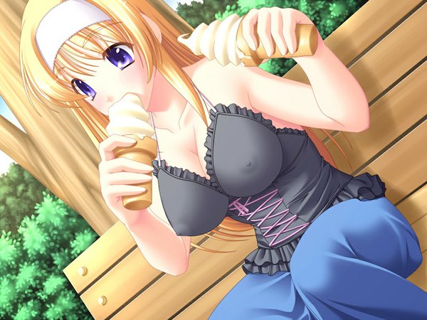 Anime picture 1024x768 with suisui -sweetheart swimmer (game) long hair light erotic blonde hair purple eyes game cg girl food sweets ice cream