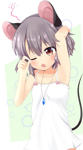 Anime picture 2204x3961 with touhou nazrin chinoru single tall image highres short hair light erotic brown hair bare shoulders animal ears upper body tail animal tail one eye closed grey hair arms up sleeveless arm behind head mouse ears