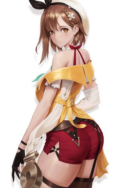Anime picture 679x1000 with atelier (series) atelier ryza gust (company) reisalin stout nuker (nukerdraws) single tall image looking at viewer blush fringe short hair light erotic simple background brown hair standing white background bare shoulders ass braid (braids) looking back