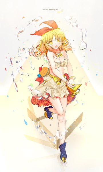 Anime picture 1080x1800 with original heco (mama) single tall image looking at viewer blush short hair open mouth blonde hair signed yellow eyes nail polish girl skirt bow hair bow earrings boots ring bubble (bubbles)