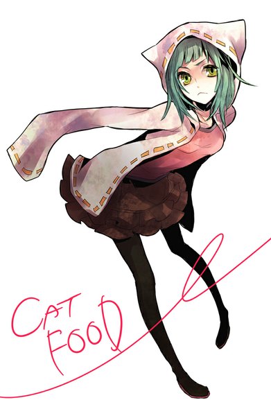 Anime picture 679x1042 with vocaloid cat food (vocaloid) hatsune miku macco (artist) single tall image looking at viewer fringe short hair simple background white background green eyes long sleeves green hair inscription girl skirt pantyhose hood