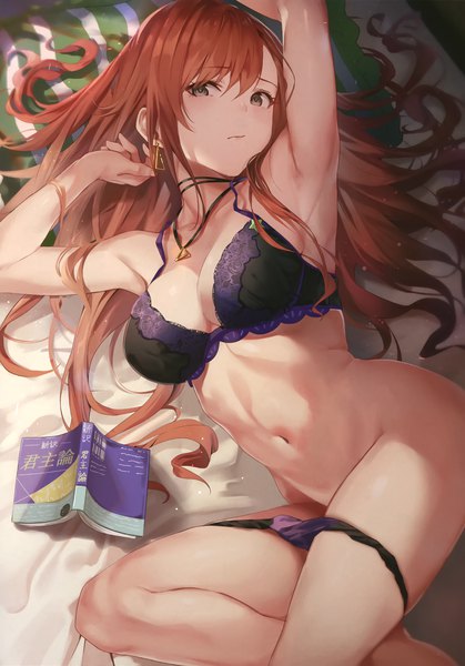 Anime picture 2118x3034 with idolmaster idolmaster shiny colors arisugawa natsuha sola (solo0730) single long hair tall image looking at viewer blush fringe highres breasts light erotic hair between eyes brown hair large breasts brown eyes payot cleavage lying