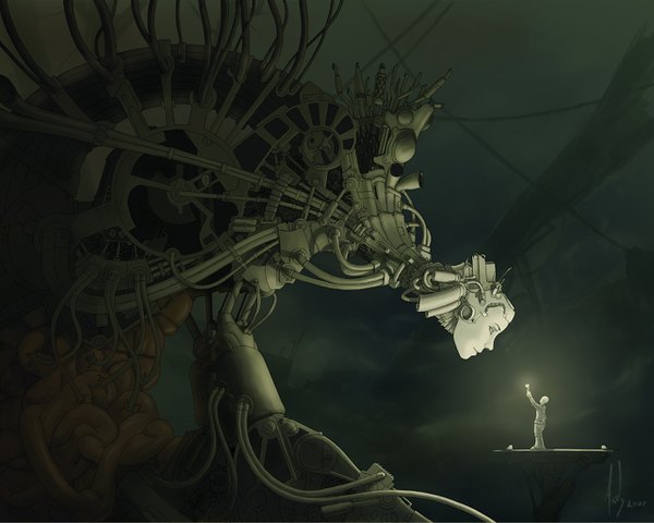 Anime picture 1280x1024 with original darkpsychosis profile monochrome light science fiction ambiguous gender wire (wires) robot mecha machine