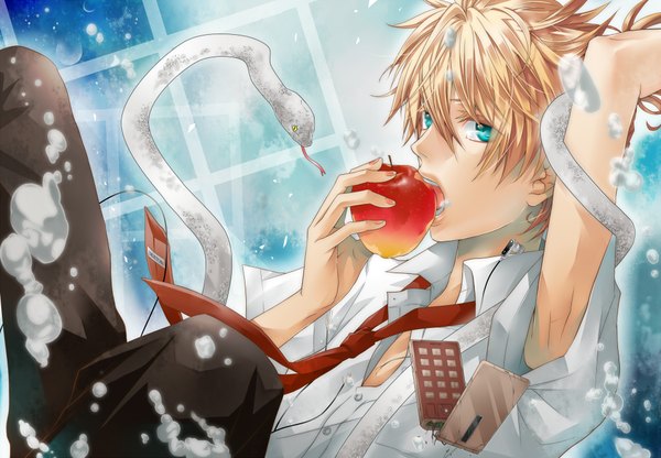 Anime picture 2000x1388 with vocaloid out of eden (vocaloid) kagamine len hakuseki highres blonde hair aqua eyes eating underwater boy animal shirt necktie pants bubble (bubbles) fruit apple snake phone