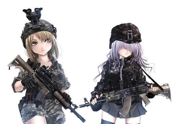 Anime picture 1278x900 with koh (minagi kou) short hair blonde hair simple background white background multiple girls purple hair black eyes hair over eyes girl gloves uniform weapon 2 girls gun military uniform helmet