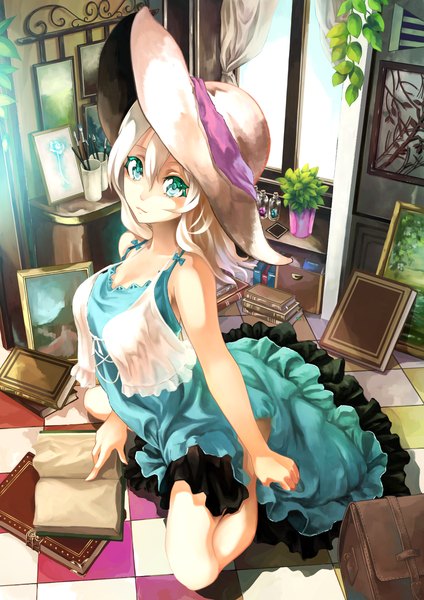 Anime picture 1414x2000 with original akaikitsune single tall image looking at viewer short hair breasts blonde hair sitting cleavage barefoot bare legs shadow checkered floor floor checkered girl dress bow plant (plants)
