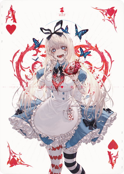 Anime picture 4274x6000 with alice in wonderland original alice (wonderland) wanke single long hair tall image looking at viewer fringe highres breasts open mouth blue eyes simple background smile hair between eyes standing white background holding absurdres