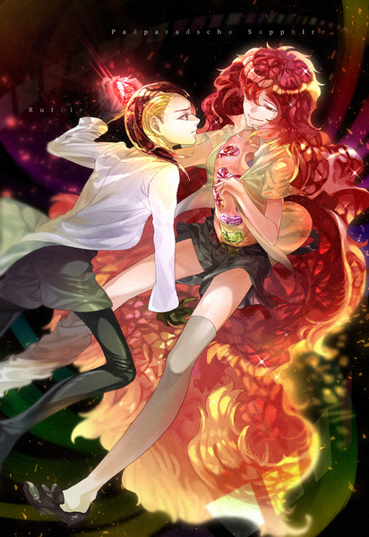 Anime picture 1241x1805 with houseki no kuni rutile (houseki no kuni) padparadscha (houseki no kuni) sugurin tall image fringe short hair smile red eyes red hair very long hair profile multicolored hair hair over one eye two-tone hair open shirt character names eye contact androgynous thighhighs