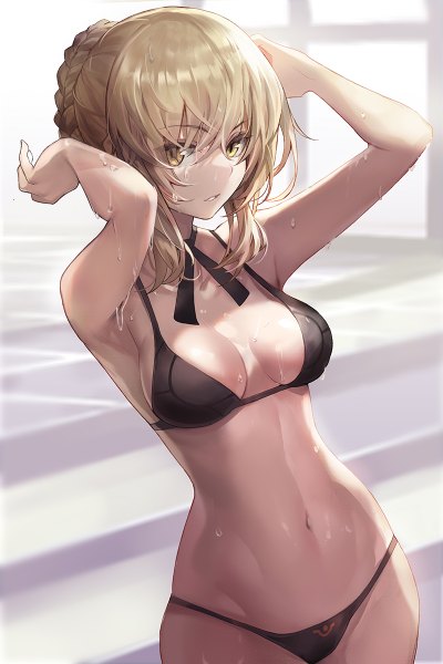 Anime picture 800x1200 with fate (series) fate/grand order artoria pendragon (all) saber alter goomrrat single tall image looking at viewer fringe short hair breasts light erotic blonde hair hair between eyes standing yellow eyes payot cleavage braid (braids) parted lips