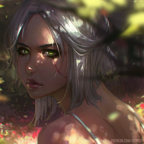 Anime picture 900x900 with the witcher the witcher 3 wild hunt ciri guweiz single looking at viewer short hair green eyes silver hair lips realistic portrait scar close-up face girl