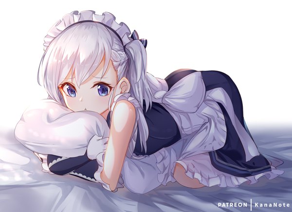 Anime picture 1000x727 with azur lane belfast (azur lane) little bel (azur lane) mujinbi single long hair looking at viewer blush fringe breasts blue eyes simple background white background signed silver hair full body maid one side up frilled dress on all fours