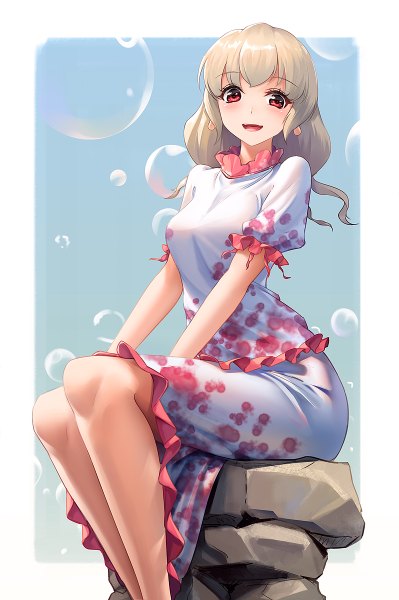 Anime picture 798x1200 with touhou ebisu eika obaoba (monkeyix) single long hair tall image looking at viewer blush fringe open mouth blonde hair red eyes sitting :d bare legs puffy sleeves girl bubble (bubbles) stone (stones)