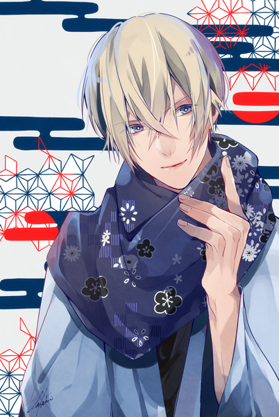 Anime picture 942x1406 with detective conan amuro tooru utkt single tall image looking at viewer fringe short hair blue eyes blonde hair hair between eyes signed traditional clothes head tilt japanese clothes light smile wide sleeves floral print egasumi boy