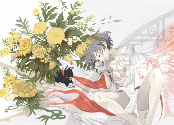 Anime picture 1200x861 with original ryuuri susuki (artist) single blush short hair breasts light erotic eyes closed nail polish grey hair open clothes girl flower (flowers) bell cat