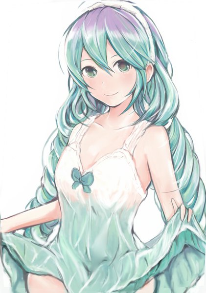 Anime-Bild 562x800 mit original nannacy7 single long hair tall image looking at viewer blush fringe breasts simple background smile hair between eyes bare shoulders green eyes multicolored hair drill hair gradient hair girl dress headband