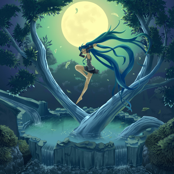 Anime picture 2000x2000 with vocaloid hatsune miku hare (artist) single highres twintails eyes closed very long hair barefoot aqua hair night arms up armpit (armpits) girl skirt plant (plants) detached sleeves miniskirt tree (trees) water