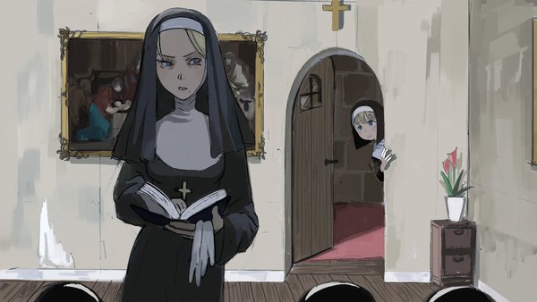 Anime picture 2048x1152 with little nuns (diva) protagonist nun (diva) scowly nun (diva) diva (hyxpk) highres short hair blue eyes blonde hair wide image standing holding looking away indoors mole mole under mouth nun peep girl flower (flowers) book (books)