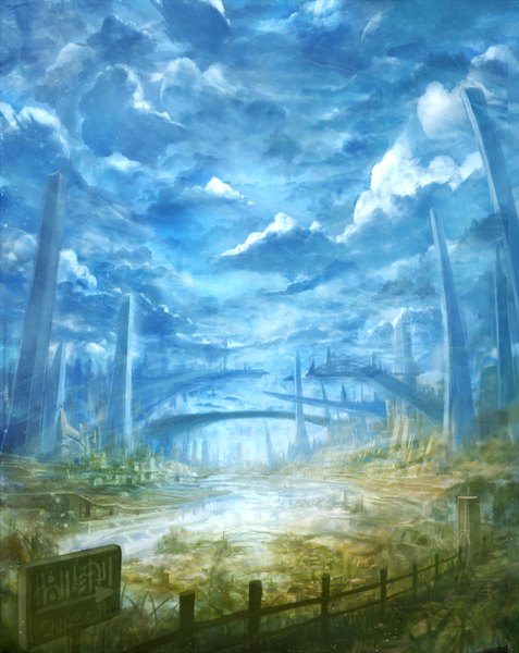 Anime picture 1750x2200 with original bounin tall image highres sky cloud (clouds) no people landscape plant (plants) water building (buildings) fence traffic sign