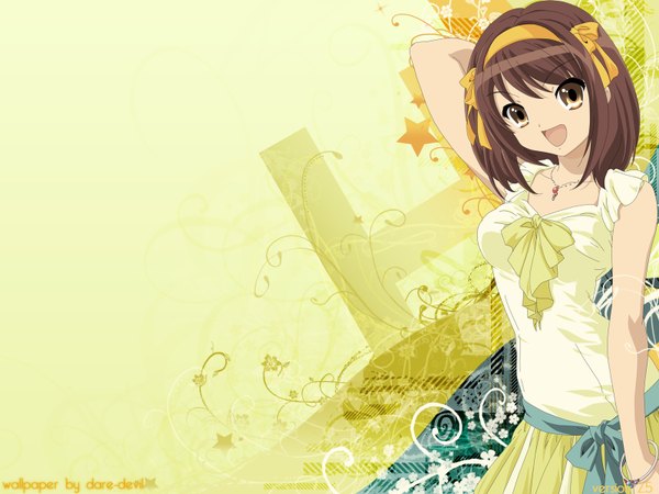 Anime picture 1600x1200 with suzumiya haruhi no yuutsu kyoto animation suzumiya haruhi yellow background casual girl